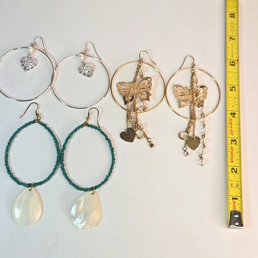 3 Sets Boho Lge Hoop Earrings Elegant Gold Silver MOP Hearts Butterfly Crystals